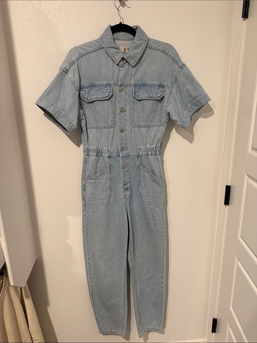 We The Free Light Blue Denim Short-Sleeve Jumpsuit